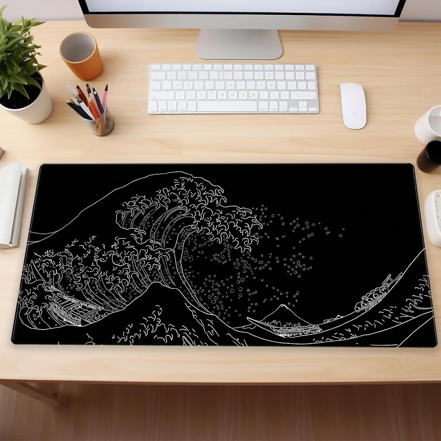 Japanese Great Wave Off Kanagawa Gaming Mouse Pad - XL Extended Ukiyo-e Art Desk Mat, Non-Slip Waterproof Rubber Base & Stitched Edges, 31.5 x 15.7 Inch Large Computer Mousepad
