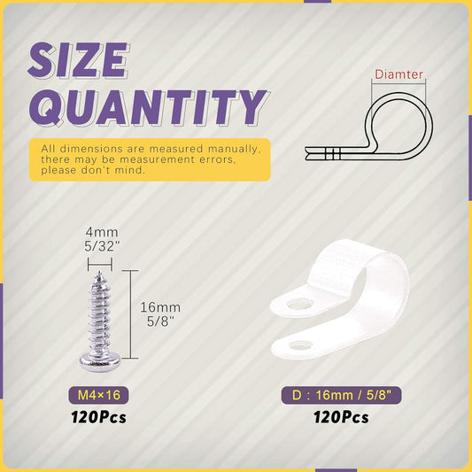 Swpeet 120 Pack White 5/8 Inch Nylon Plastic R-Type Cable Clips Clamp Kit, Nylon Screw Mounting Cord Fastener Clips with 120 Pack Screws for Wire Management (5/8 Inch, White)