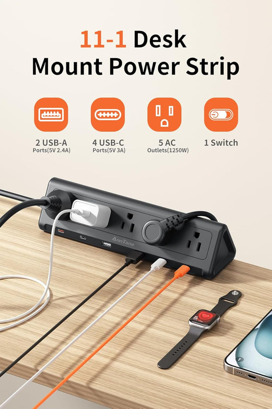 6.5 FT Desk Clamp Power Strip with 5 AC Outlets & 6 USB Ports PD 40W USB-C Fast Charging, 1250J Surge Protector, Fits 2.6 in top Edge Black