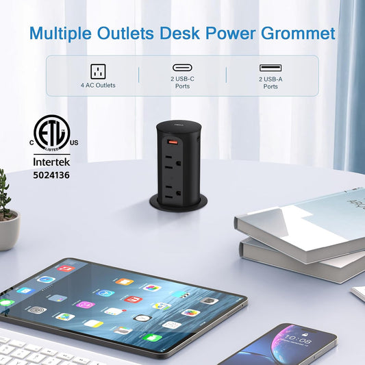 Pop up Outlet for Countertop,65W USB C Fast Charging Port,2.5-inch Hole Desktop Power Grommet,Recessed Power Strip,4 Outlets 4 USB Ports,15Amp Tamper Resistant Receptacle,ETL Listed (Black)
