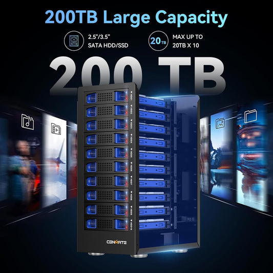 10 Bay Hard Drive RAID Enclosure with Cooling Fan for 2.5/3.5" SATA HDD/SSD with USB A/C 3.0+eSATA Cable, 3.5 Hard Drive Enclosure Supports 160TB Capacity, 8 RAID Modes, DAS(NO NAS)