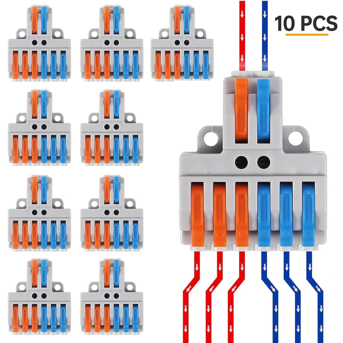 10PCS Lever Wire Connectors, Quick Wiring Cable Connectors, Compact Push-in Conductor Terminal Block (10PCS 2 in 6 Out)