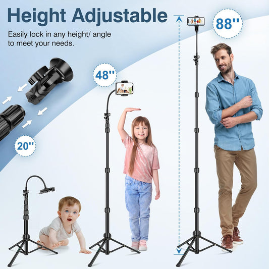 88" Tripod for iPhone, Phone Tripod with Gooseneck and Remote, Portable Cell Phone Tripod Compatible with Smartphone/Camera/Gopro, iPhone Tripod Stand for Video Recording Selfies Vlogging
