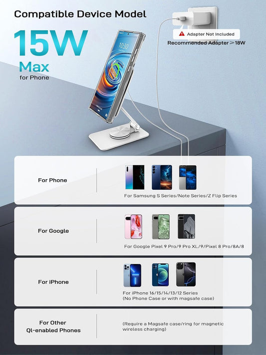 Compatible with MagSafe Charger, 15W MagSafe Charger Stand, 360°Rotation Base Adjustable Foldable Wireless Charger for Samsung Galaxy S25 Ultra/Z Fold7/Flip7/iPhone 16/Pixel 10 Pro/Pixel 10 Pro Fold