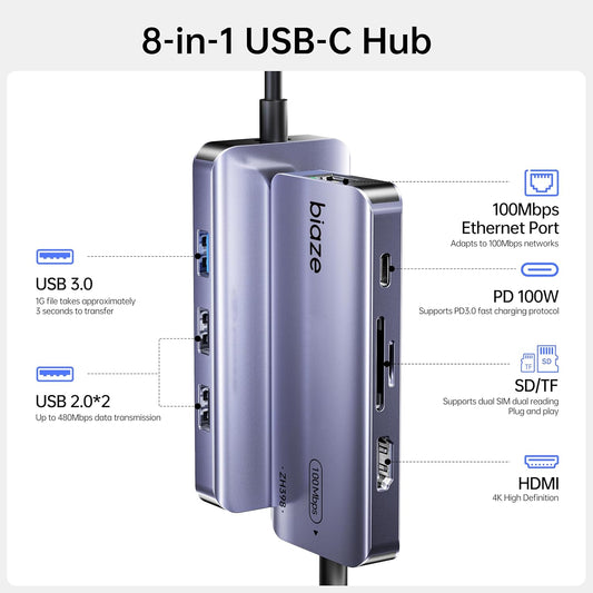 8-in-1 USB C Hub Adapter for MacBook, 4K60Hz HDMI, 100W PD Charging, USB 3.0, USB 2.0 * 2, SD/TF Card Reader, 100M Ethernet, 7 Ports Dongle for MacBook Pro/Air, iPad Pro, iPhone