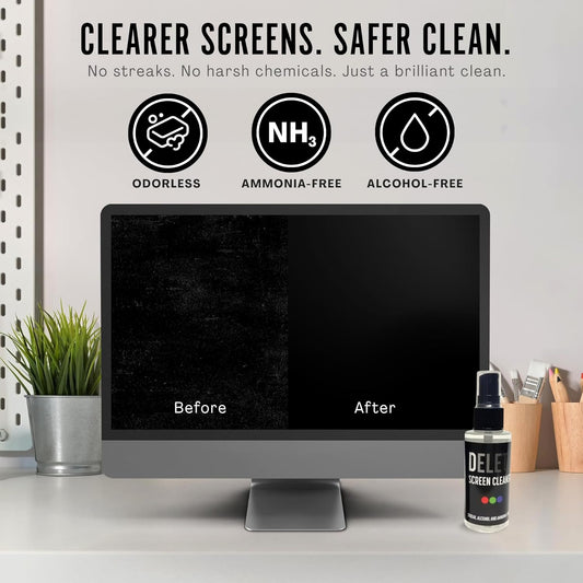 Delete Screen Cleaner Spray Kit, 4 Pack, 2oz Bottle and 12"x12" Microfiber Cleaning Cloth, Streak-Free, Safe and Gentle Formula, Multi-Purpose for Travel, Small TVs, Cameras, Laptops, Phones