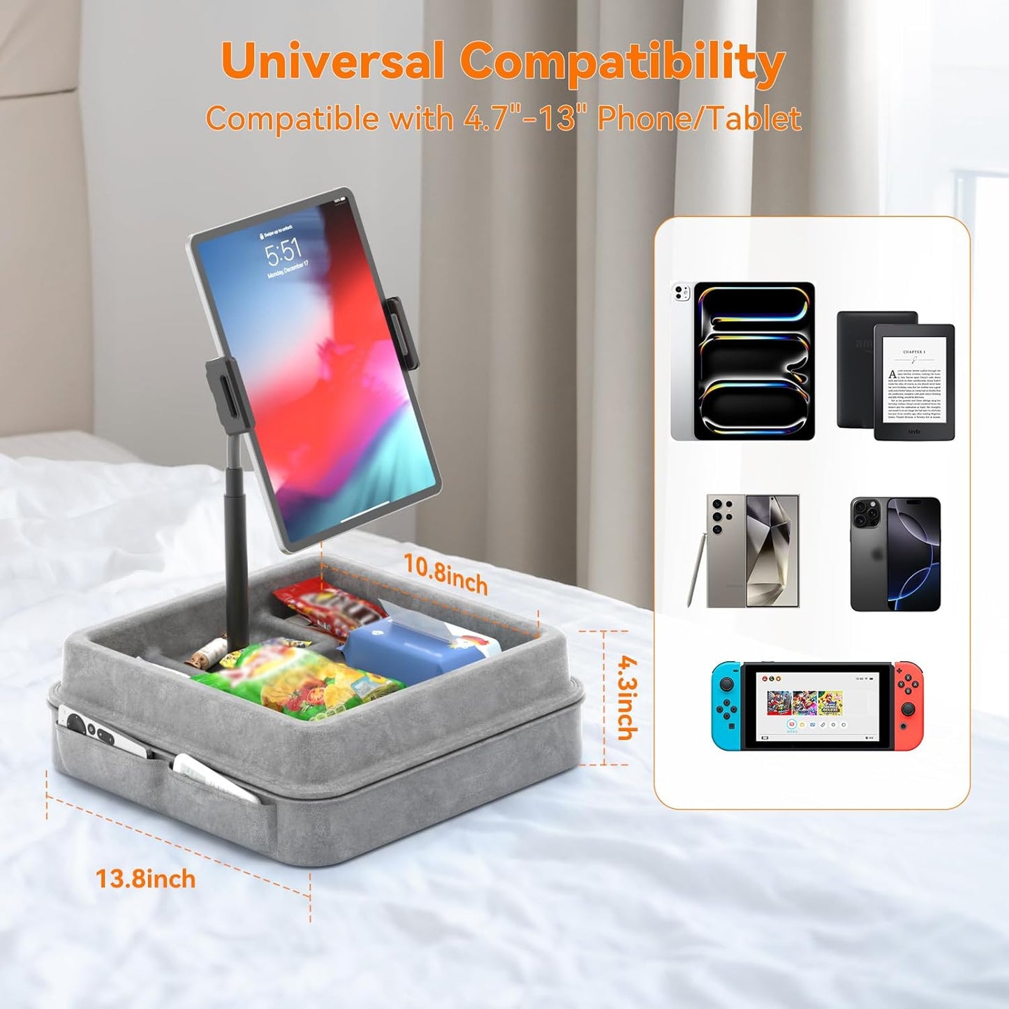 KDD Tablet Pillow Holder - 360°Adjustable iPad Pillow Stand for Lap, Bed and Desk - Gooseneck Tablet Soft Pad Dock with Storage Tray and Pocket Compatible with iPad Pro 12.9, Air Mini, Phone, E-Reader