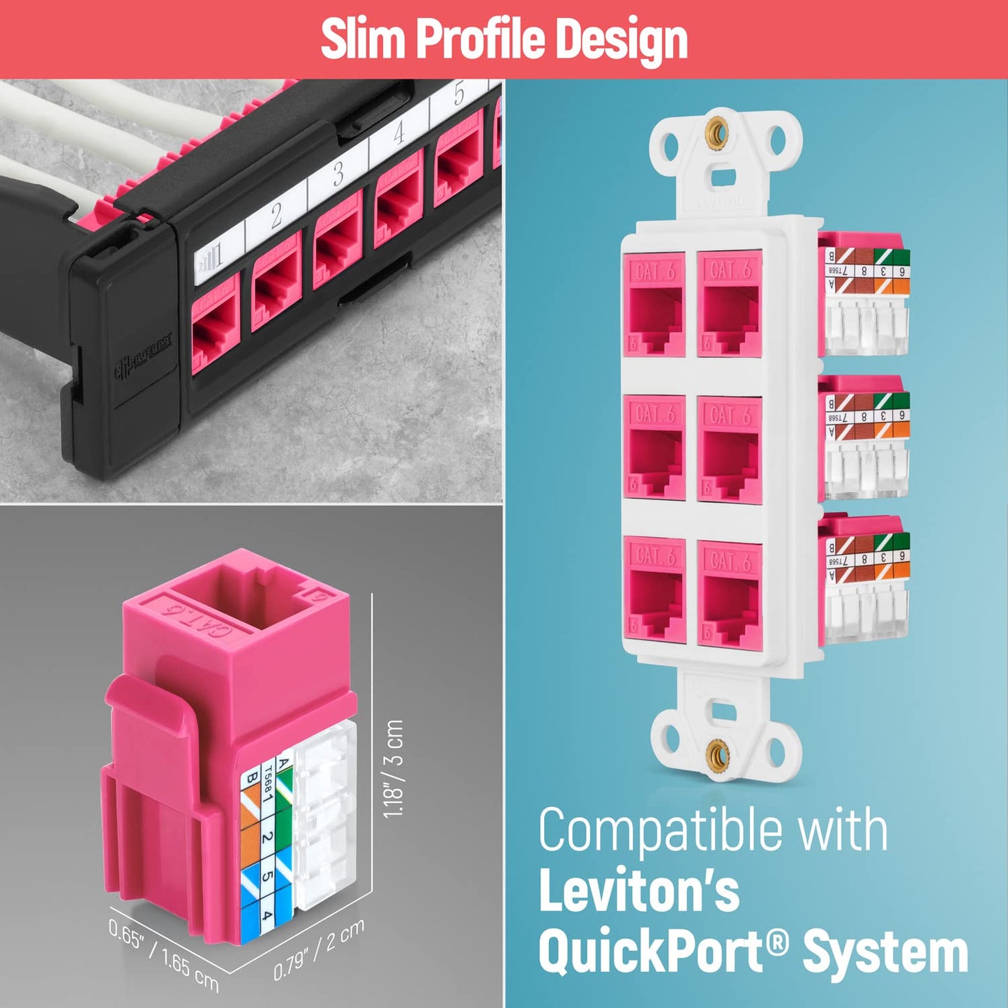Everest 90° Angled RJ45 Cat6 Keystone Jacks 20-Pack in Pink - Slim Profile Female RJ45 Connectors - Cat 6 Keystone Jack - Compatible with 90° Angled Speed Termination Tool - easyJACK (B094WB91H3)