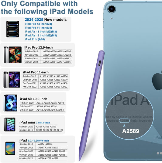 Stylus Pen for iPad 9th&10th - Type-c Charging Pencil for ipad Palm Rejection Active Pen Compatible with (2018-2025) Apple iPad 6/7/8/9/10/11(A16), Air 3/4/5/M2/M3, Mini 5/6, Pro 11"/12.9"/M4(Purple)