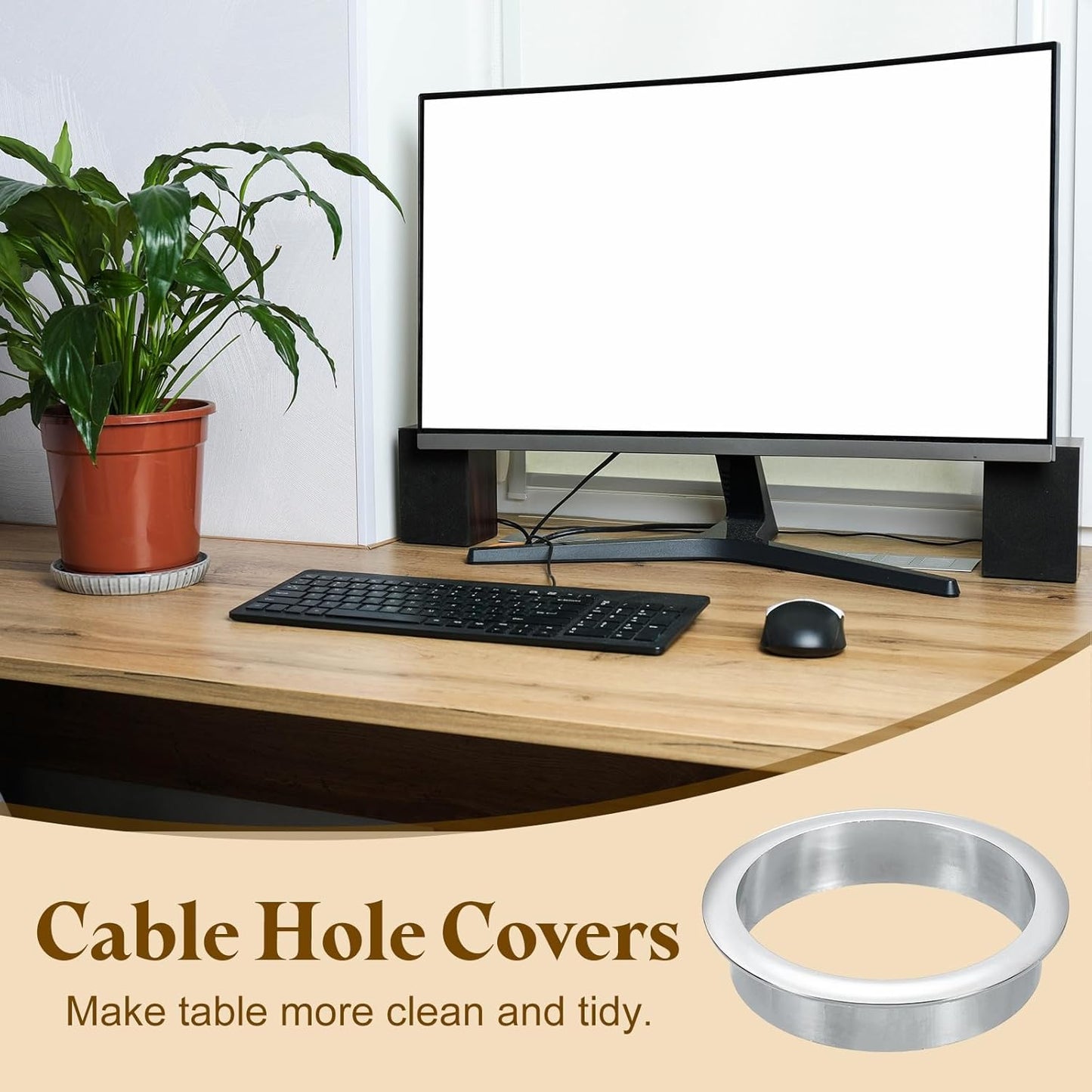 uxcell Desk Grommet, 2-3/4" (70mm) Zinc Alloy Cable Hole Cover Wire Cord Organizer with Marked Cable Ties for Home Office Desktop Wire, Silver Tone