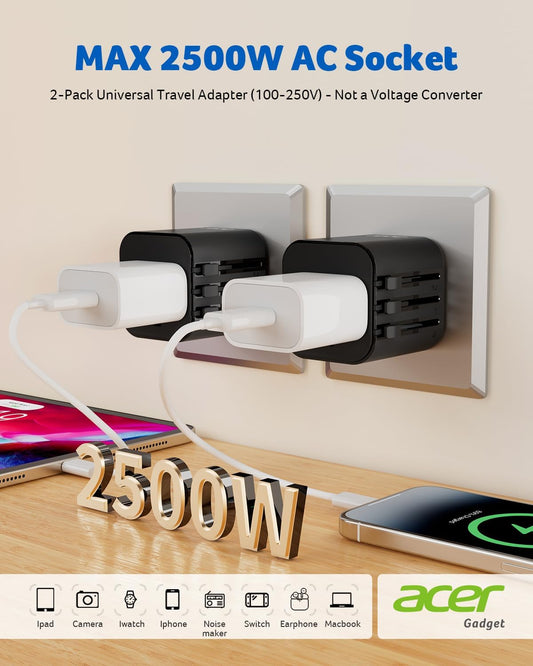 Acer European Travel Plug Adapter,Universal Travel Adapter, International Power Adapter for USA to Europe UK France Germany Spain Ireland Australia (Type C/G/A/I),Black