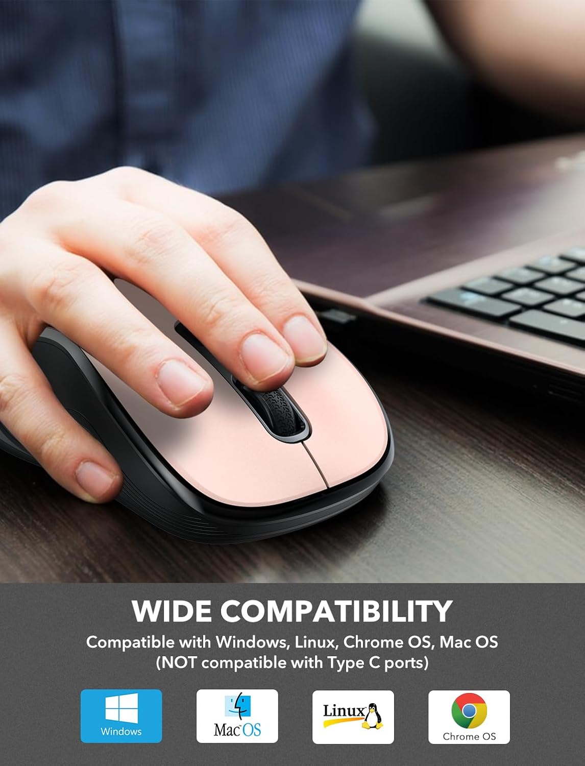 Trueque Wireless Mouse for Laptop, 2.4GHz Ergonomic Computer Mouse with Back & Forward Buttons, 3 Adjustable DPI Levels, 6 Buttons, Optical USB Cordless Mice for Windows Chromebook MacBook PC (Pink)