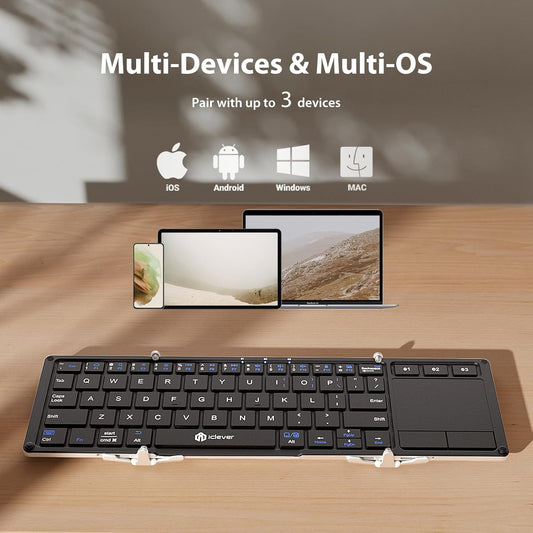 iClever Foldable Keyboard, BK08 Foldable Bluetooth Keyboard with Touchpad, Aluminum Build, USB-C Charge, Equipped with Stand Holder and Carrying Bag, Portable for Laptop, iPad, iPhone, Silver