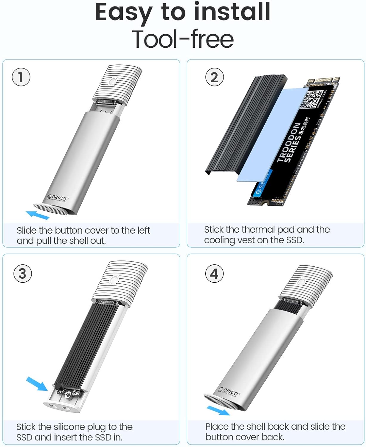 ORICO M.2 NVMe SATA SSD Enclosure Adapter Tool-Free, USB C 3.2 Gen 2 10Gbps NVMe, 5Gbps NGFF SATA PCIe M-Key(B+M Key) 2230/2242/2260/2280, Aluminum External M2 Reader Support UASP Trim-WH(G2A)