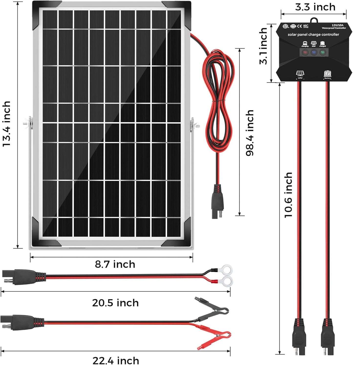 Solar Battery Trickle Charger: 10 Watt 12V Solar Panel Maintainer for Car Boat - Waterproof Monocrystalline Solar Charger with Controller for RV Marine Trailer Truck Motorcycle