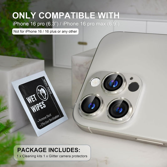 Choiche Compatible for iPhone 16 Pro/iPhone 16 Pro Max Camera Lens Protector, Bling Camera Cover with 9H Tempered Glass Lens Screen Protector Metal Ring Accessories (Titanium Natural)