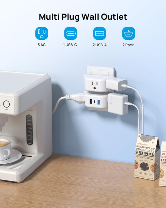 TROND Multi Plug Outlet Extender with USB - 2 Pack Wall Splitter, 3 Way Angled Outlet Adapter, Cruise Essentials, Small Multiple Expander for Cruise Ship Travel Home Office Dorm Room