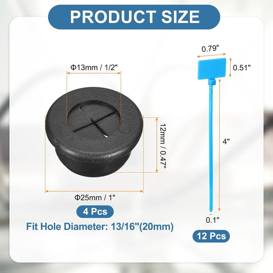 uxcell 4Pcs Cable Cord Grommet, 13/16"(20mm) Rubber Desk Grommets Wire Pass Through Hole Cover with Marked Cable Ties for Home Office Cable Wire Protection, Black