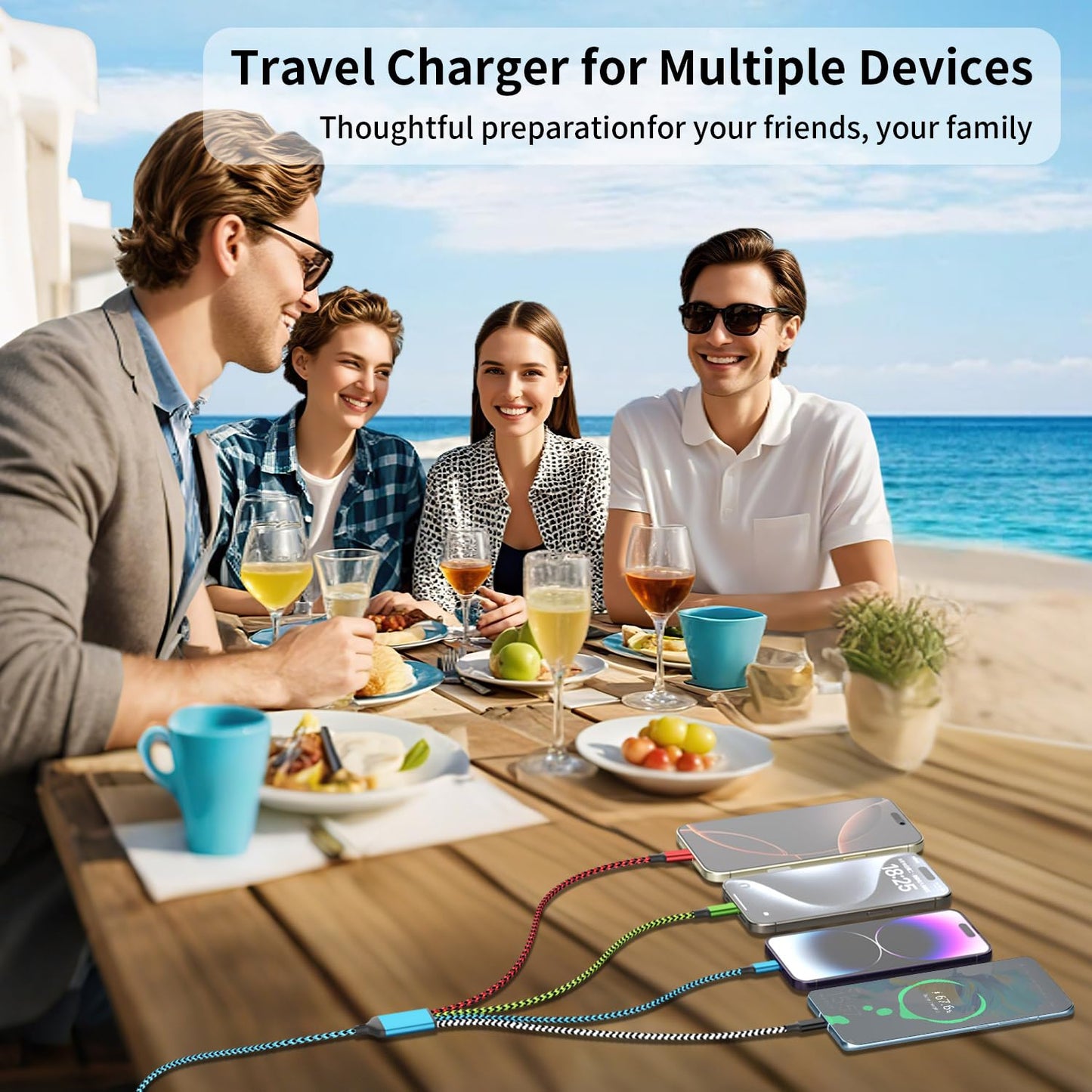 Travel Essentials Dual Type-C 4 in 1 Charging Cable 2 Pack 5FT Multi Charging Cables for All Devices,Universal USB Cable Adapter 2 USB-C/IP/Micro Port for Cell Phones Tablets Samsung Galaxy PS & More