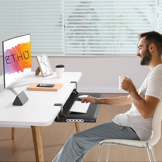 ETHU Keyboard Tray Under Desk, Pull Out Keyboard & Mouse Tray with C-clamp, Ergonomic Desk Keyboard Tray Slide Out, Pull Out Platform Drawer for Home and Office(Black)
