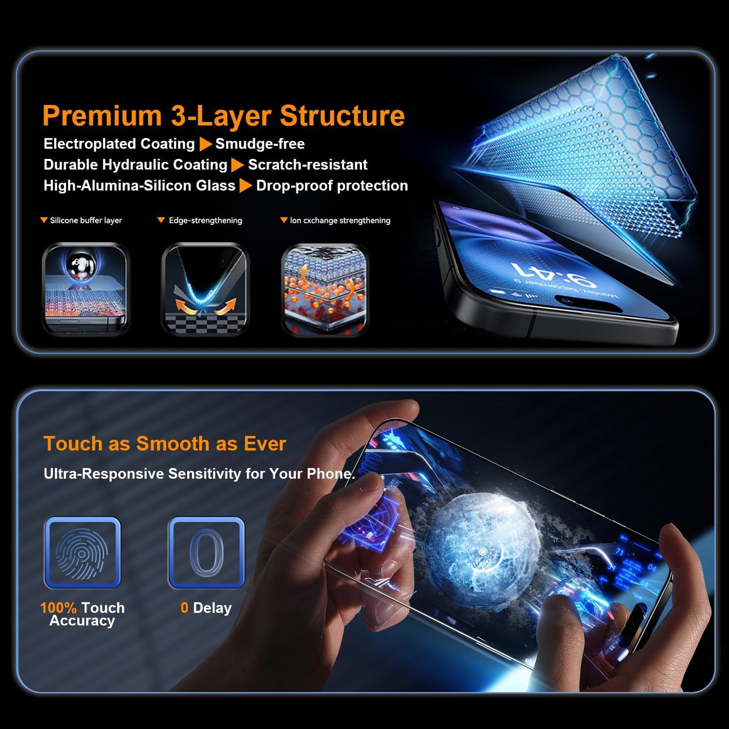 OneFish Screen Protector for iphone 11 Pro/X/Xs, 9H Hardness Glass Scratch Resistant HD Clarity Tempered Glass Film with Installation Frame Shatterproof Bubble Free Easy Installation,2Pack.