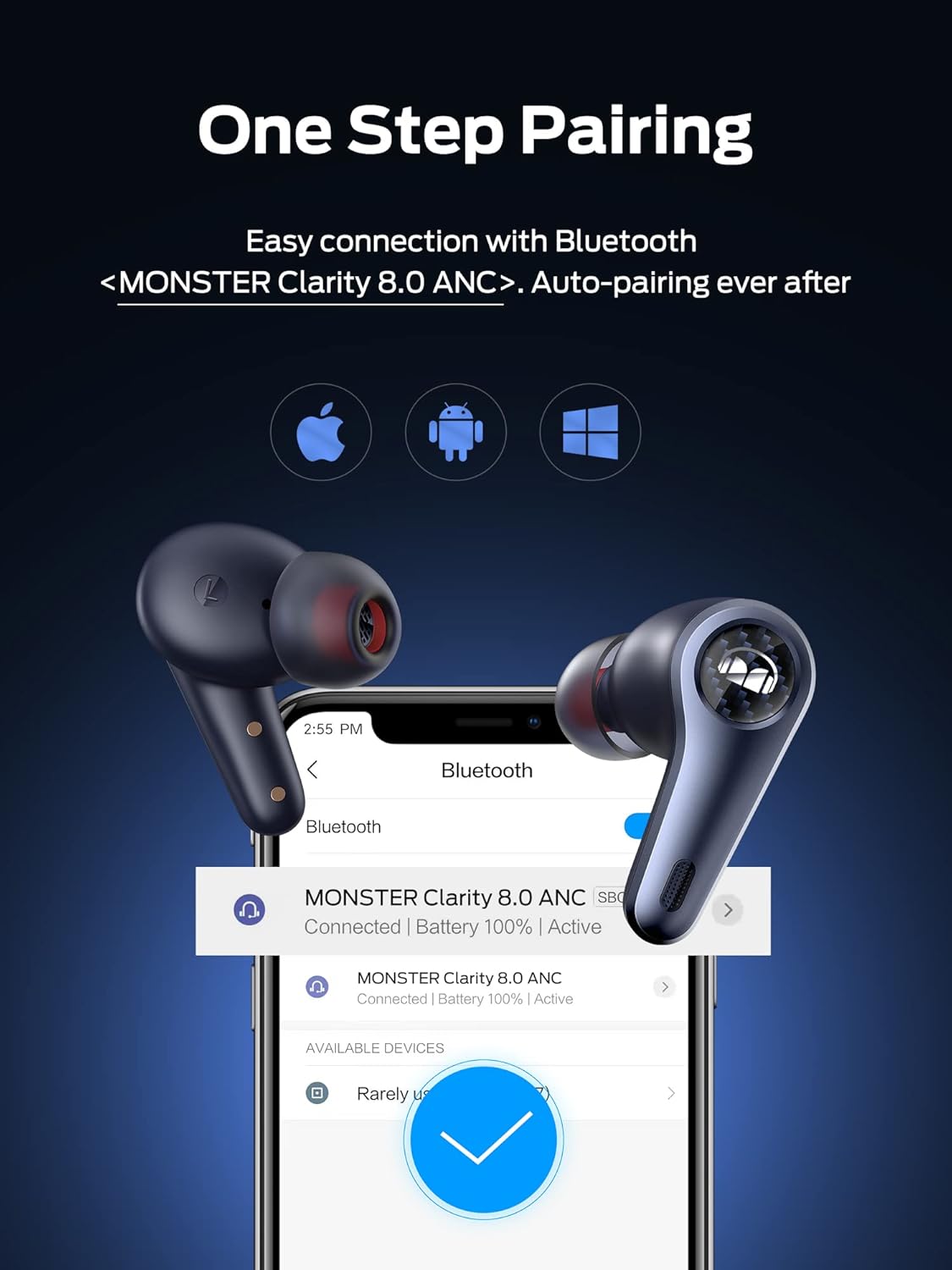 Monster Clarity 8.0 Hybrid Active Noise Cancelling Wireless Earbuds, 42dB in-Ear ANC Earphones Deep Bass with 6 Mics, Bluetooth 5.2, 50H Play Time with Wireless Charging Case,Blue