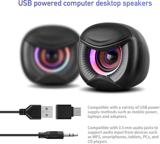 USB Powered Computer Speakers with RGB Colorful Lighting 2.0 Stereo Sound System, Headphone Jack, Plug and Play, Works with PC/Laptop (USB-C Adapter Included)