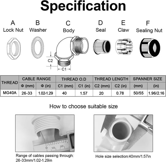 LeMotech M40 Cable Gland, 90 Degree Adjustable 26-33mm Cable Range Strain Relief, Cord Connectors Nylon Joints with Gaskets, 2 Pcs, Grey