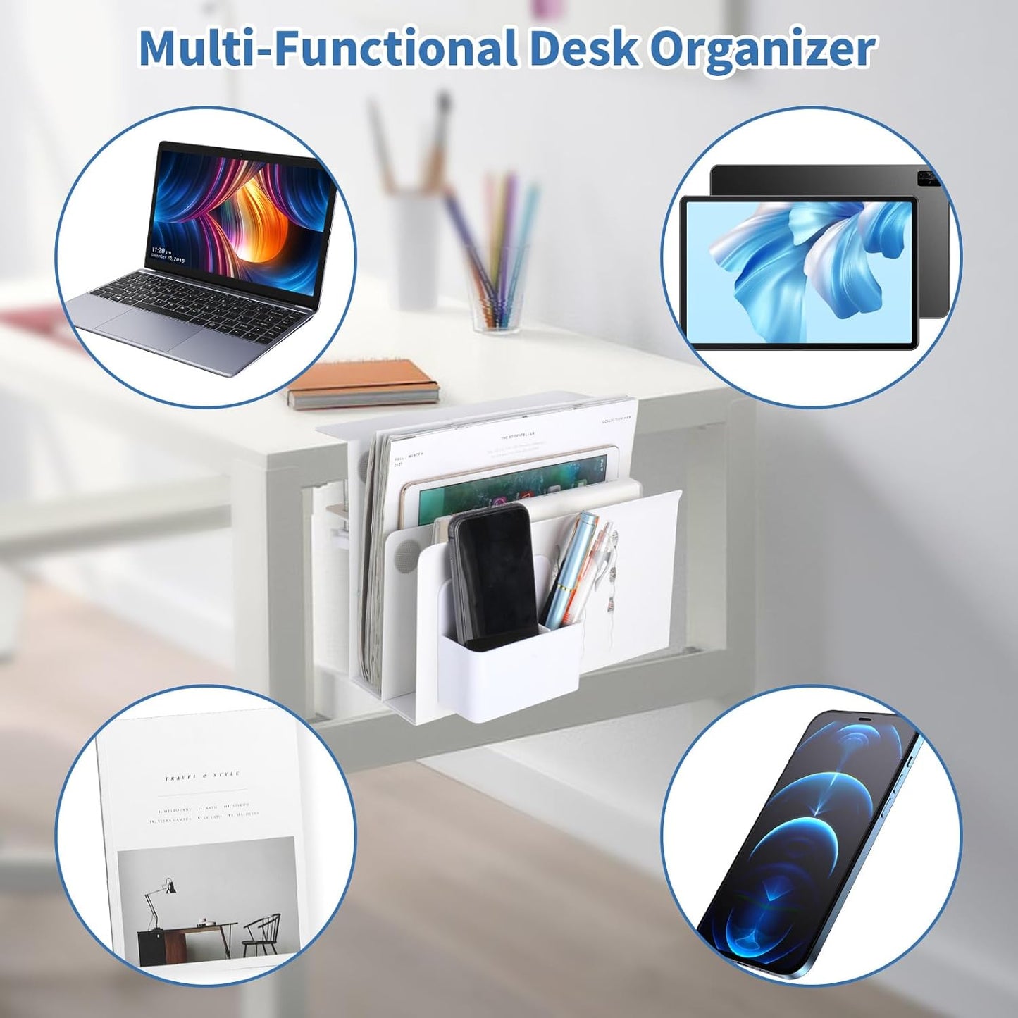 2 Tier Desk Side Storage, Under Desk Laptop Holder with Magnetic Pen Holder, Clamp on Table Organizer, No Drill Hanging Table Organizer for Office and Home Fits Flat Edge 0.3" to 2.3"