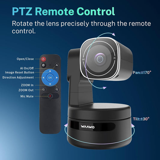 USB C Webcam PTZ Webcam, 4K Streaming Web Camera with Folded Bracket, 3X Digital Zoom with Remote Control, One Click Mute for Privacy Protection, Works with Zoom,OBS,TikTok,YouTube,etc