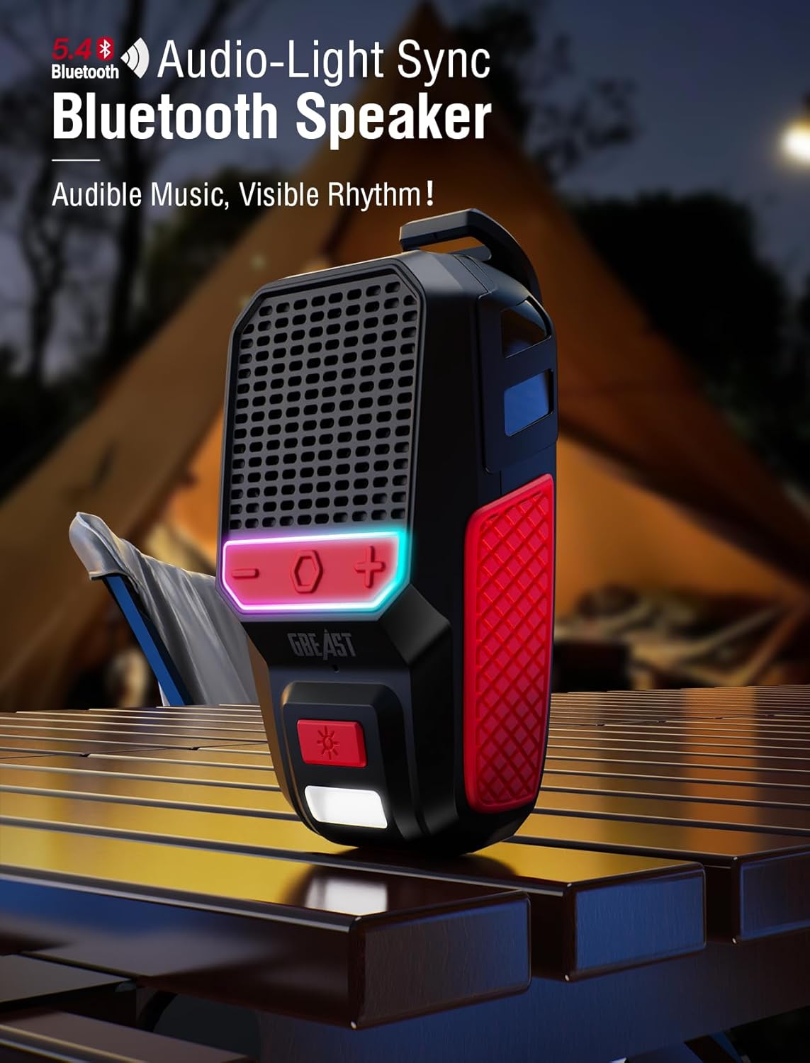 GBEAST Wearable Bluetooth Speaker with RGB/Flashlight, IPX6 Waterproof Clip-On Portable Speaker with 30H Playtime - Built-in Mic Hands-Free for Jobsite/Outdoor/Golf, TWS Portable Speakers (Red)