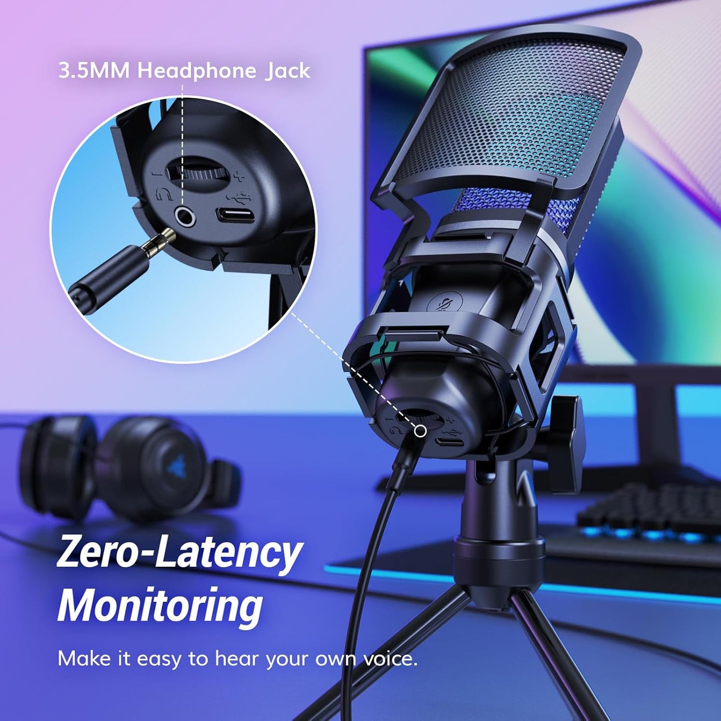 TONOR Gaming USB Microphone for PC, RGB Condenser Computer Mic with Tripod Stand, Quick Mute, Gain Control, for Gaming, Streaming, Podcasting, Recording, Cardioid Mic Kit for Laptop/PS4/PS5 TC777 Pro