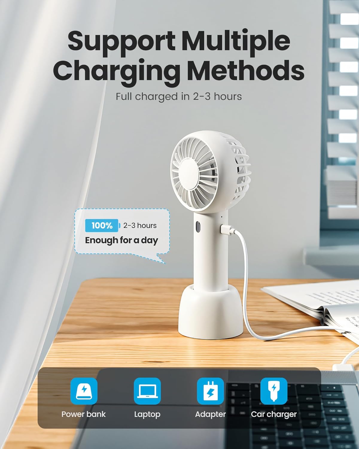 Gaiatop Mini Portable Fan, Small and Powerful, Cute Design 3 Speed Personal Handheld fan and Desktop with Base, Lightweight USB Rechargeable for Travel Lash Makeup Girl Women Summer Gift White