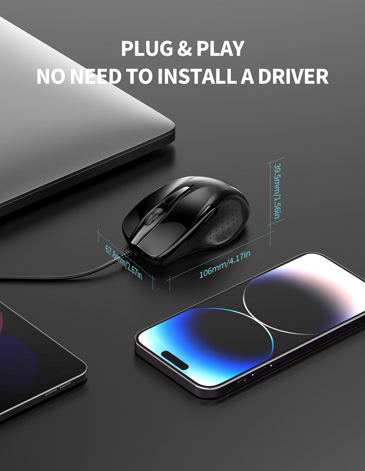 TECKNET USB Wired Mouse, 6-Button Corded Mouse with 4 Adjustable DPI, Optical Computer Mouse with Ergonomic Design and 5FT Cord for Laptop, Chromebook, PC, Desktop, Mac, Notebook-Black