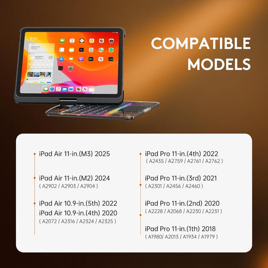 GUSGU for iPad Air 11 Inch (M3/M2,2025/2024) Transperant Case with Wireless Keyboard, 7 Color Backlight, Trackpad, 360°Rotating Stand for 10.9" iPad Air 5th/4th, 11" iPad Pro 4/3/2/1 Case, Cyberpunk