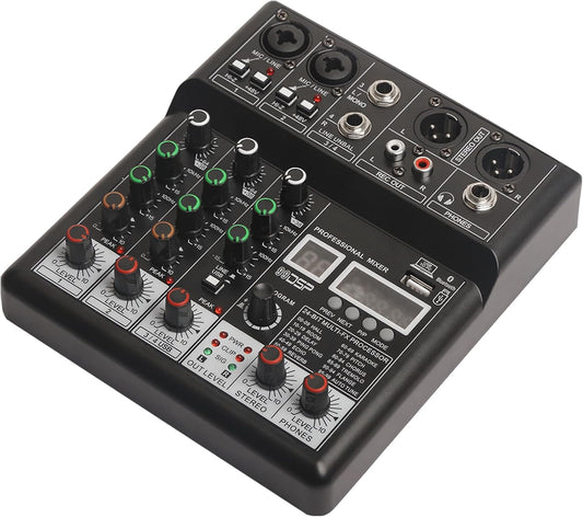 Dj Mixers, 4 Channel Audio Mixer, Sound Board with Bluetooth Player, Usb Audio Interface with 48V Phantom Power, Sounds Mixer Board with 99 DSP FX Reverb Delay Effect