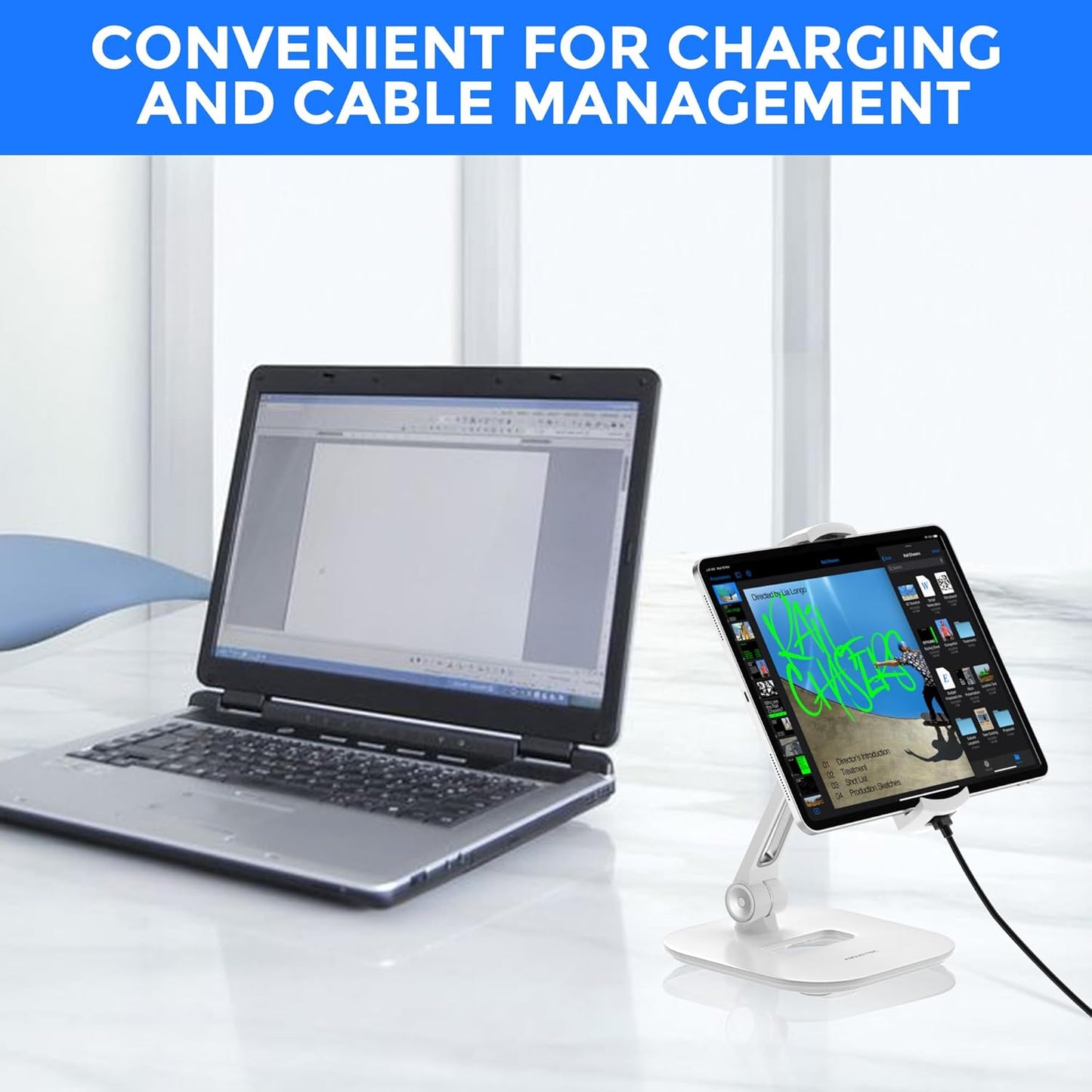 AboveTEK Tablet Stand Holder, Stylish Aluminum iPad Stands, Foldable 360° Swivel iPad iPhone Table Stand Holder fits 4-11" Tablets/Smartphones for Kitchen Bedside Office POS Showroom Reception (White)