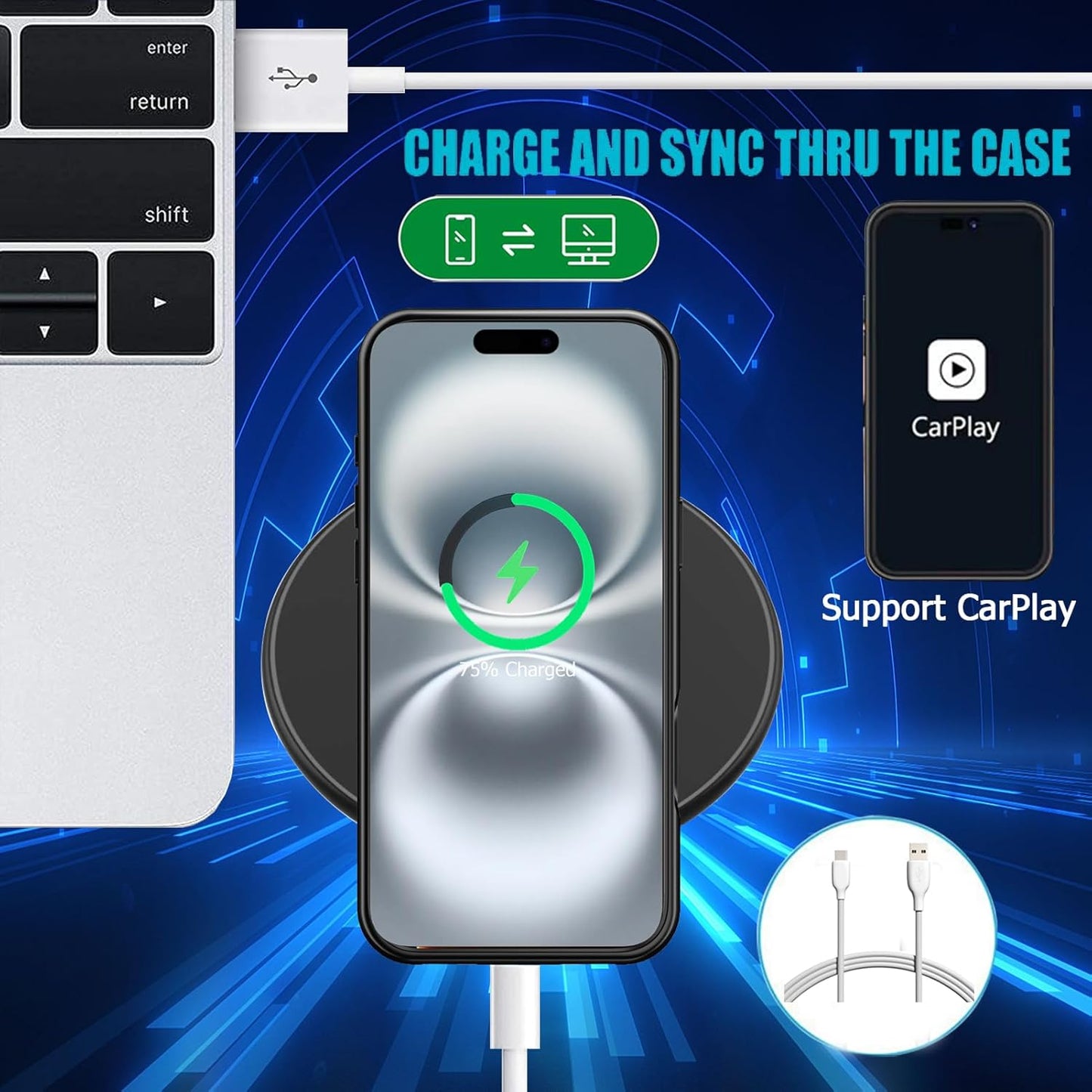 Battery Case iPhone 16 Plus, Upgraded 12000mAh Rechargeable Portable Extended Battery Pack Supported Qi Wireless Charging Case Compatible with iPhone 16 Plus (6.7 inch) Charger Case Power Bank (Black)