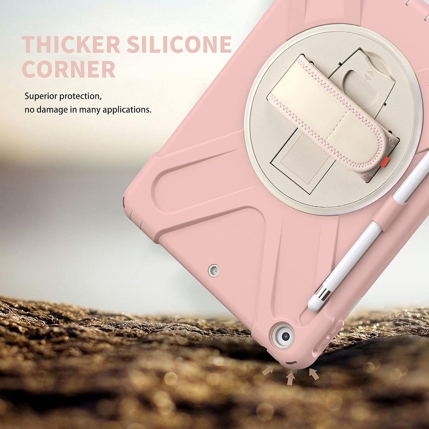 ZenRich Shockproof Case for iPad 9th/8th/7th Generation 10.2 inch 2021/2020/2019, Heavy Duty Rugged Case with Pencil Holder/360° Rotating Kickstand/Handle/Carrying Strap, SakuraPink