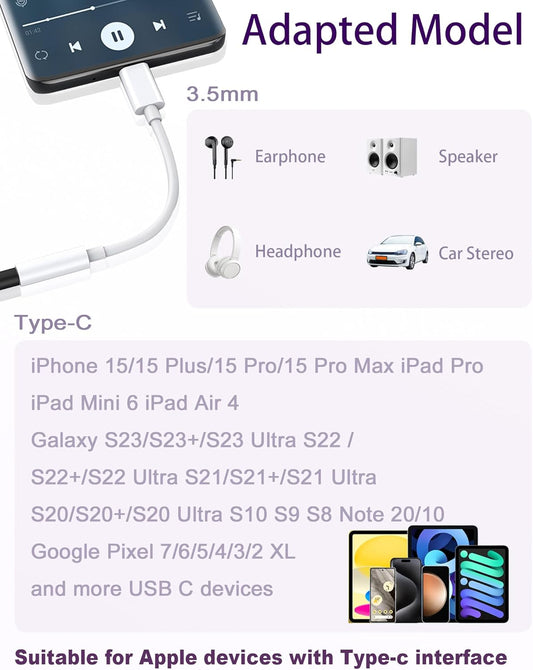 USB Type C to 3.5mm Female Headphone Jack Adapter 2 Pack, USB C to Aux Audio Dongle Cable Cord Compatible with iPhone 16 15 Series, S24/S23 Ultra, iPad Pro, MacBook, Pixel XL More Type-C Devices