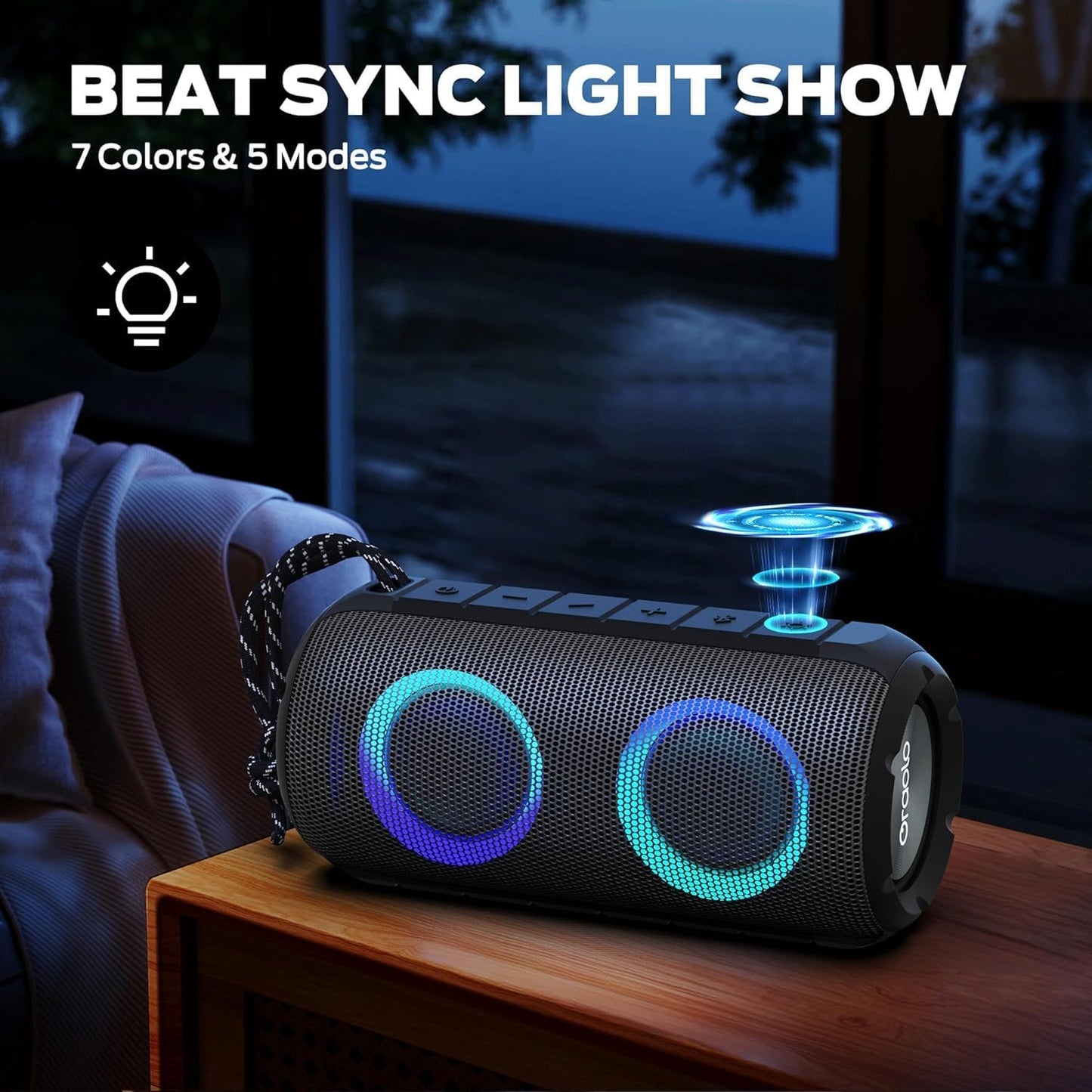 BUGANI Luster Bluetooth Speakers, Portable Wireless Stereo Speaker with Colorful Lights, Loud Sound, Bluetooth 5.3, 24H Playtime, IPX6 Waterproof, AUX-in, for Home/Outdoor/Camping/Beach