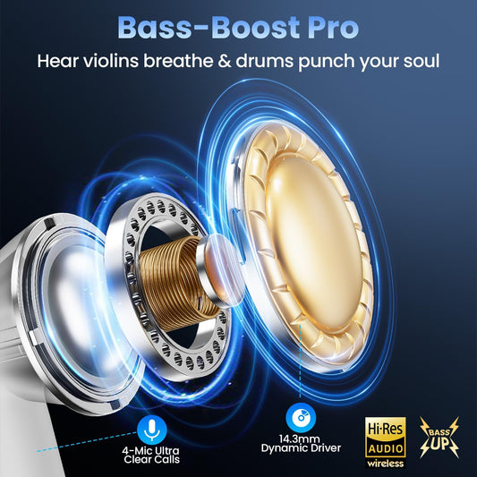 Wireless Earbuds, Bluetooth Headphones with Deep Bass Stereo, 48H Playback Ear Buds with LED Power Display Charging Case,Lightweight, IPX7, in-Ear Earphones with Mic for for Phone Tablet Laptop, White