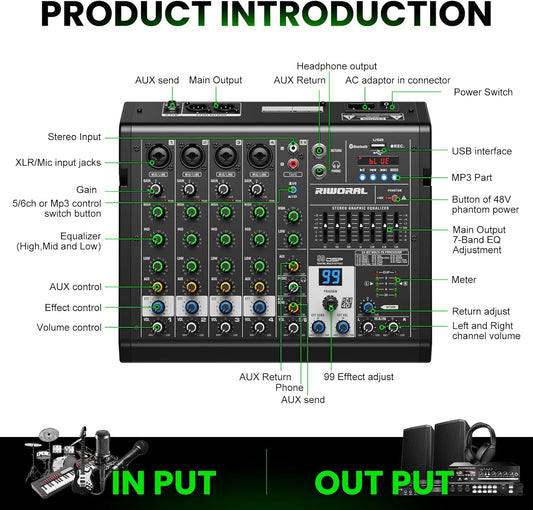 6 Channel Audio Interface Dj Mixer Soundboard Console 99 Dsp Reverb Delay Effect USB Bluetooth Studio Audio Mixer +48V Phantom Bluetooth for Karaoke Streaming Recording, Live Broadcast