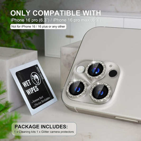 Choiche Compatible for iPhone 16 Pro/iPhone 16 Pro Max Camera Lens Protector, Bling Camera Cover with 9H Tempered Glass Lens Screen Protector Metal Ring Accessories (Clear-Titanium Natural)