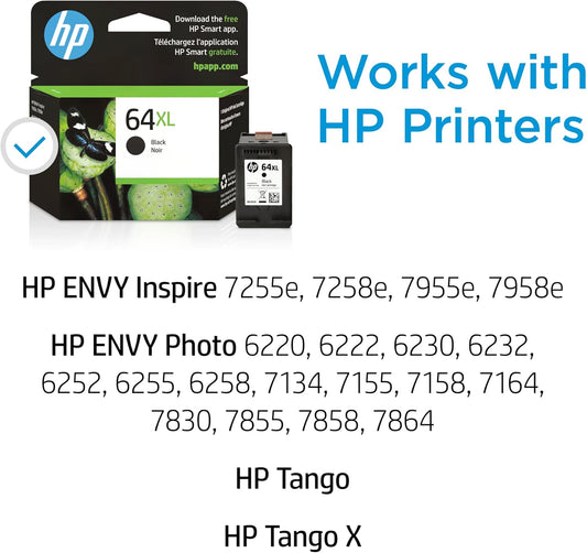 HP 64XL Black High-yield Ink Cartridge for HP Printers | Works with Printer Series: ENVY Inspire 7950e; ENVY Photo 6200, 7100, 7800; Tango | Eligible for Instant Ink | N9J92AN