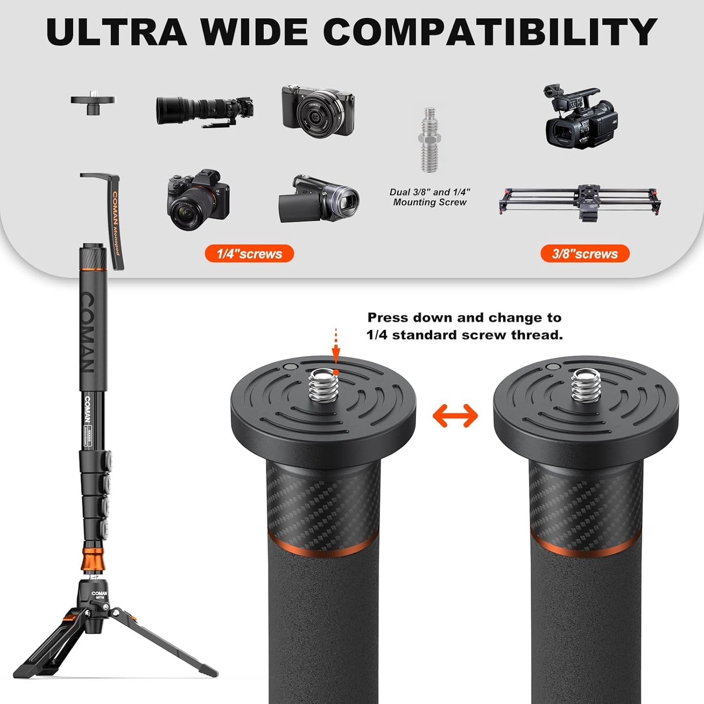 Professional Camera Monopod with Feet, 73.2 inch Aluminum Portable Travel Video Monopod with Removable Tripod Stand Base, Max Load 22 Lbs, New Q6 Fluid Head for DJI RS4 Manfrotto