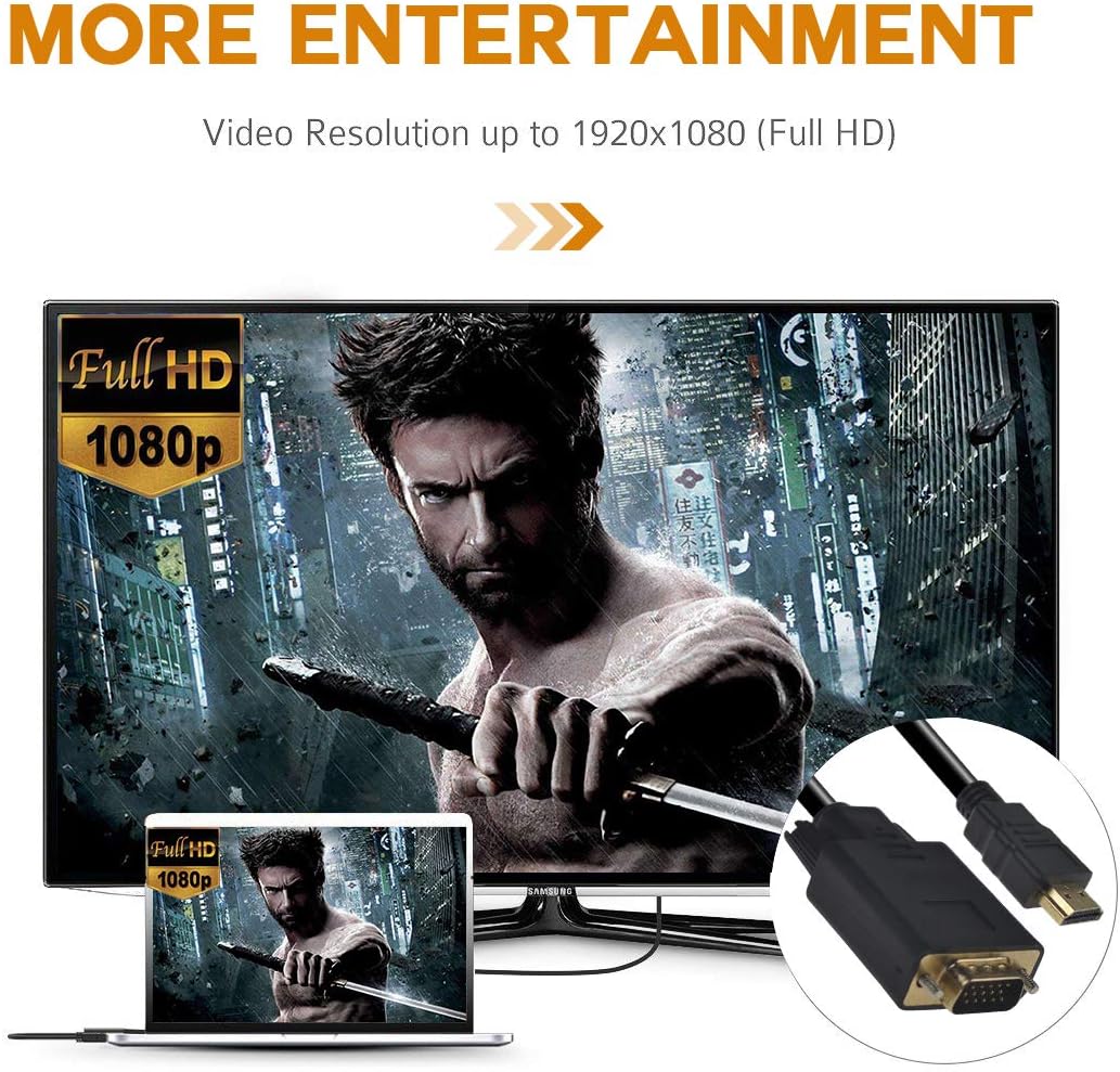 HDMI to VGA Cable, 1080P HDMI Male to VGA Male M/M Video Converter Cord VGA Adapter Compatible w/HDMI Desktop, Laptop, DVD to 15 Pin D-SUB VGA HDTV Monitor Projector - 6Feet