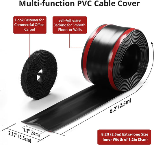 8.2Ft Cord Cover Floor, PVC Cord Covers for Wires on Floor, Soft Floor Cable Cover Cord Hider, Floor Cable Management Cable Protector for Commercial Office Carpet/Floors/Wall Black