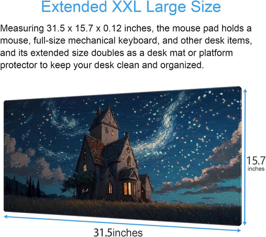 Anime Art Starry Sky Castle Desk Mat - XL Large Gaming Mouse Pad with Non-Slip Base & Stitched Edges, Washable Office Decor (31.5x15.7in)