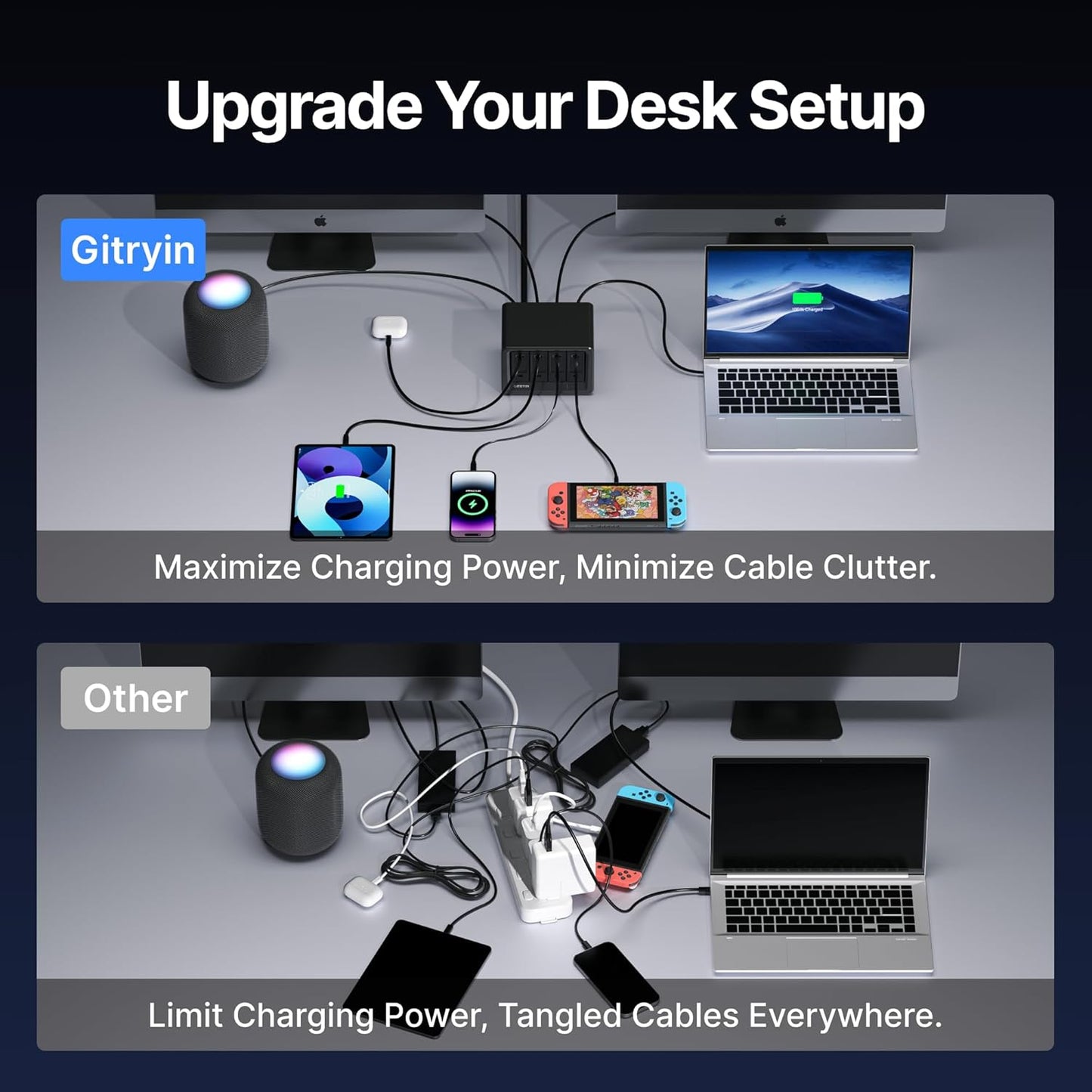 Gitryin 12-in-1 Desktop Charging Station with 3 Retractable Type-C Chargers and 1 Lightning Charger, 40W USB-C Power Strip with Flat Plug, Extension Cord with 1020J Surge Protection for Home Office